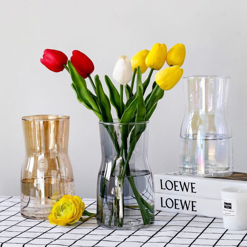 Simple and gradually changing color transparent glass small vase, water-growing flower arrangement decorative item, Ins-style electroplated vase details Picture