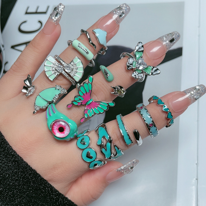 Korean-style fresh and light Mambo mint green drip glaze ring, feminine butterfly high-end feel, cold style geometric ring trend Specification drawing
