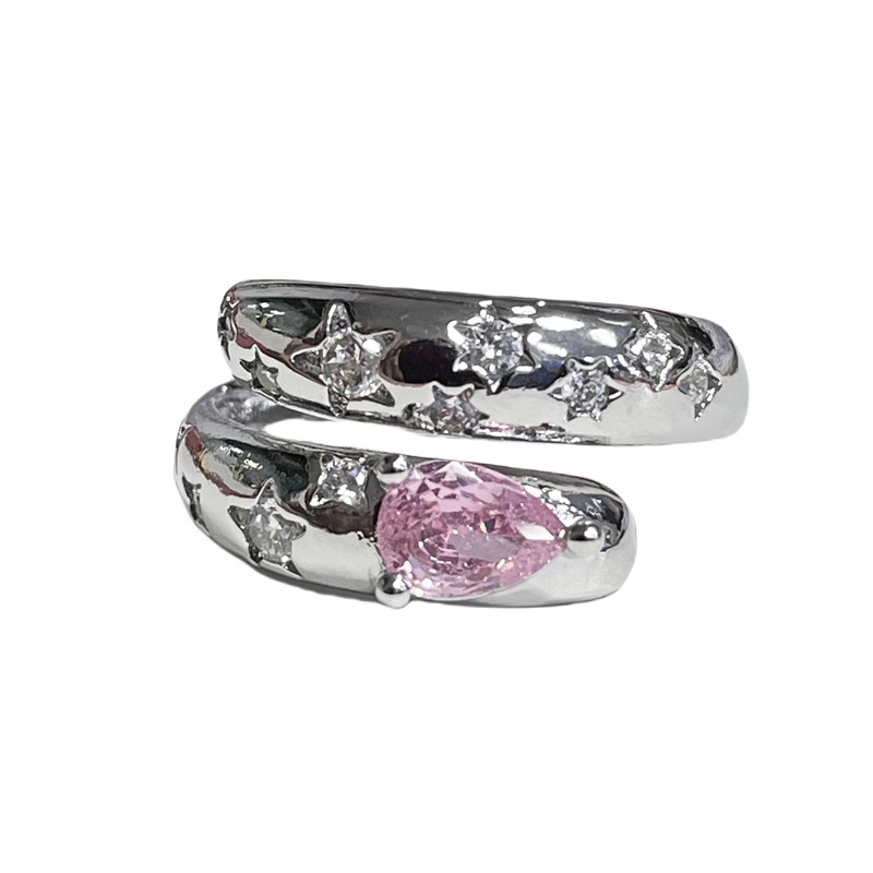 Light luxury starry sky pink diamond, versatile and elegant open ring, women's Instagram cold style double-layer sweet and cool geometric index finger ring Item Picture