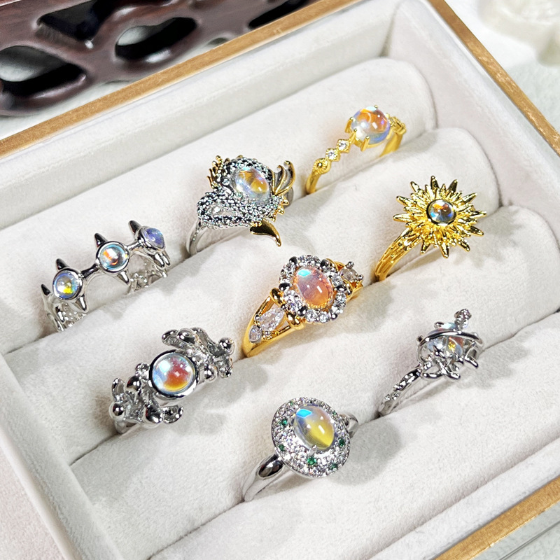 New Chinese-style retro moonstone sweet and cool ring for women, adjustable geometric, fashionable, exquisite and versatile index finger ring trend full figure