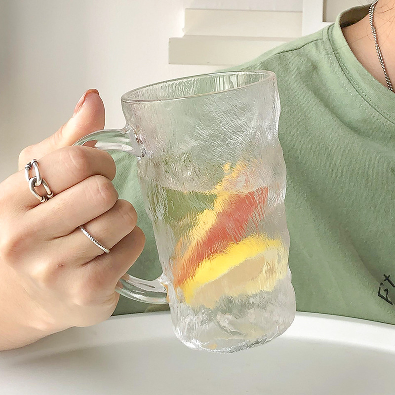 ins glacier patterned handle, high appearance level glass cup, juice cup, beverage cold drink cup, household women's drinking cup full figure