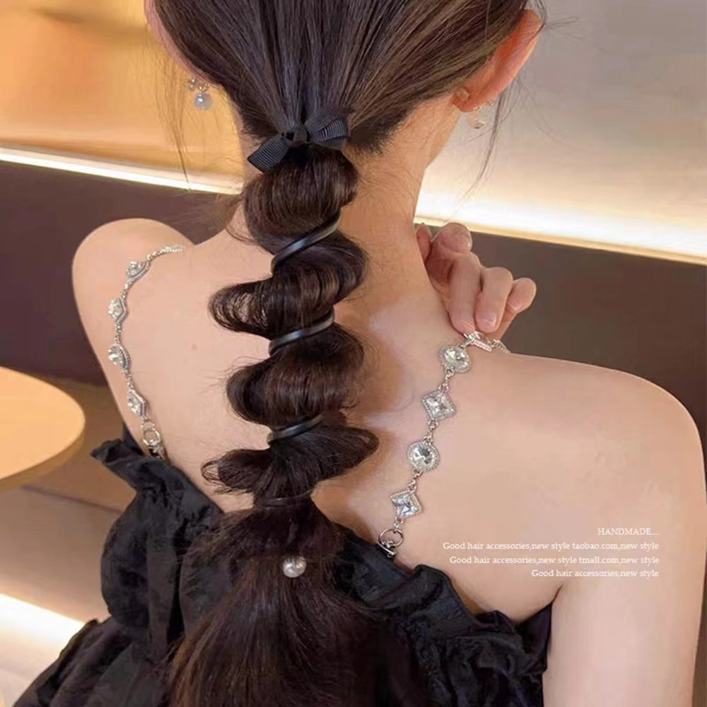 Bow tie, straight telephone line, high ponytail hair tie, high elastic ponytail pearl hair band, bubble braid, braided hair accessory details Picture