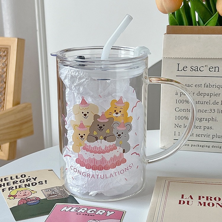Bolimei high appearance level large-capacity glass straw cup, student dormitory drinking cup, cartoon heart dog glass cup details Picture