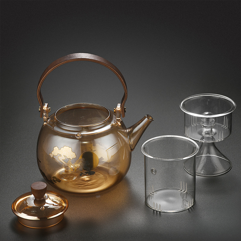 Glass boiling teapot, Japanese wooden handle handle teapot, household electric ceramic stove, boiling water kettle, dual-purpose steaming and boiling heat-resistant teapot details Picture