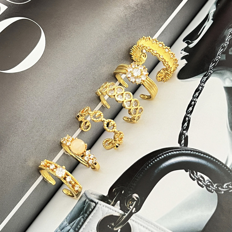 New mid-style brushed, diamond-encrusted, hollowed-out lace open ring for women, retro, light luxury, high-end, sweet and cool ring trend Specification drawing