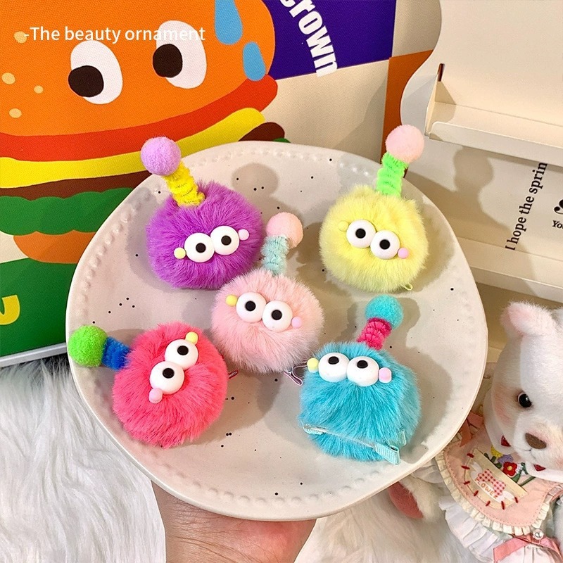 Cute pom-pom hair clips, big eyes, ugly and cute dolls, coal ball hair clips, girls' cartoon and funny personality, duckbill hair clips details Picture