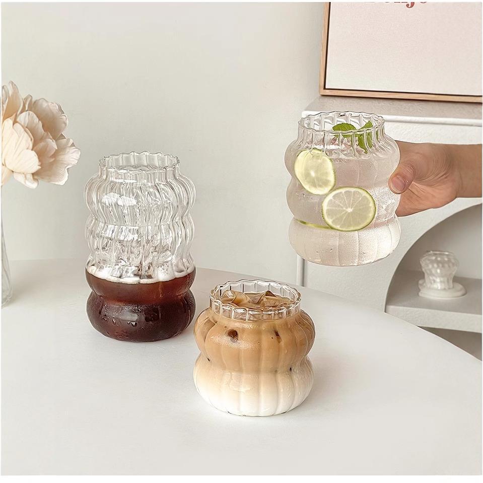 Vertical patterned glass cups, popular Jiejie cups, water cups, household large-capacity cold drinks, juice and milk cups, caterpillar coffee cups Specification drawing