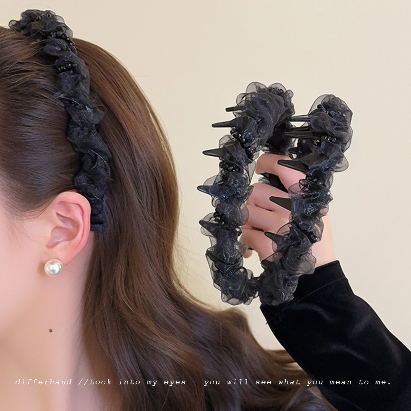 New lace headband, pleated chiffon headband, chanel-style hair accessory, high headband at the top of the head, mesh bead headband full figure