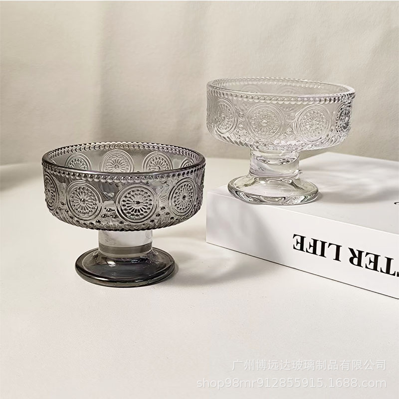 Relief dessert glass bowl, household colorful transparent high-footed bowl, fruit pudding cup, high-appearance-level ice cream cup Specification drawing