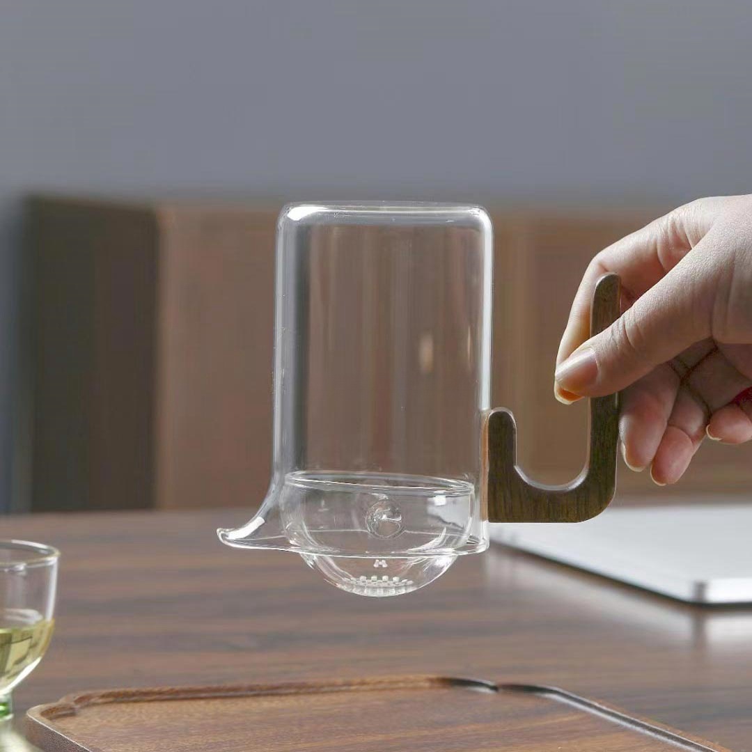 New high borosilicate glass Gongfu wooden handle tea dispenser, small green tangerine tea brewing transparent glass tea sea fair cup Specification drawing
