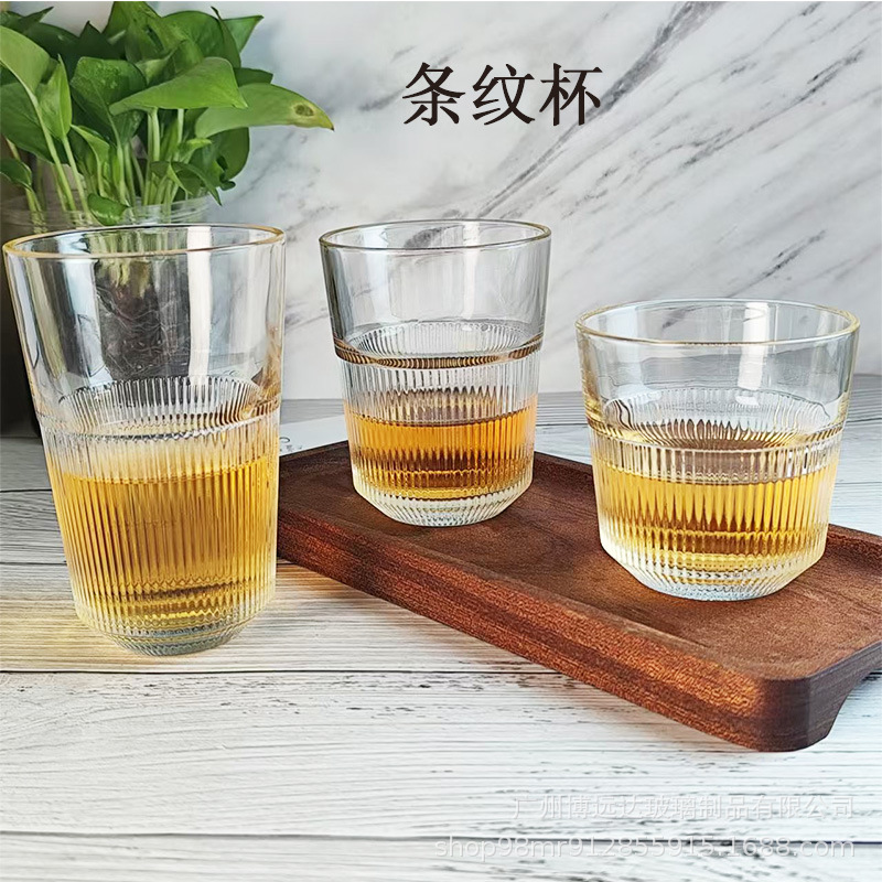 Striped stackable glass water cups, household milk breakfast cups, beverage juice cups, coffee cups, whisky beer cups full figure