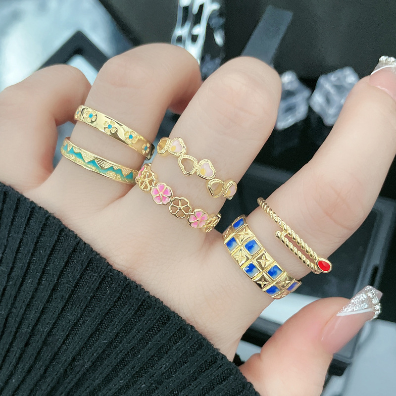 Retro style, ins, trendy, sweet and cool flower opening ring, women's heart, gradient drip glaze, niche design sense ring trend details Picture