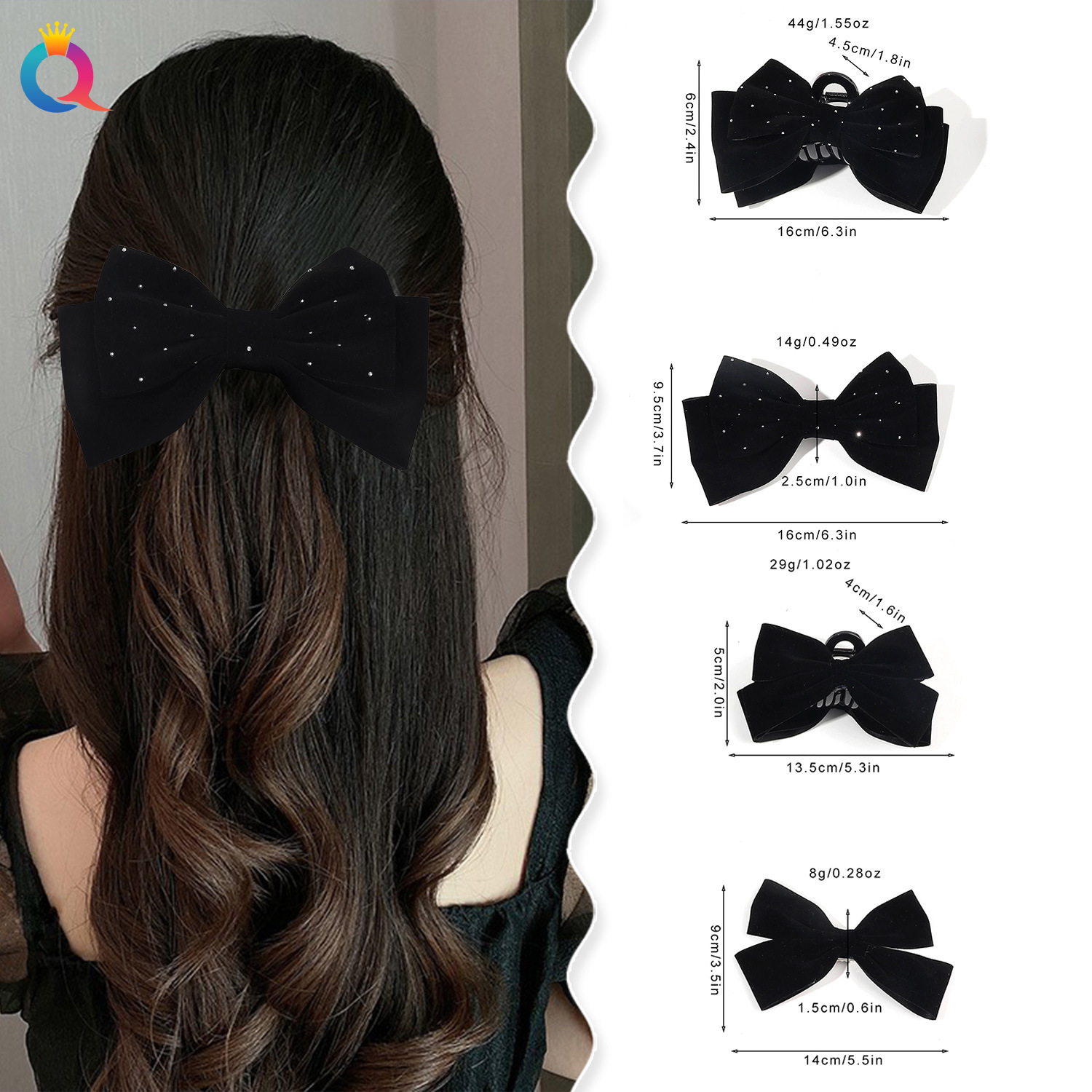 Wholesale of Qiyue cross-border velvet hot diamond bow tie hair clips, women's duckbill clips, coil hair clips, back of the head spring clips, hair accessories details Picture