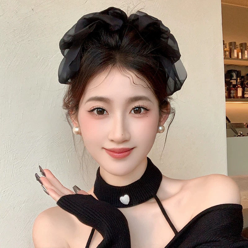 Black bow hair clip, women's hair accessory, high-end top clip, mesh cloud butterfly head knot hair clip, back spoon spring clip details Picture