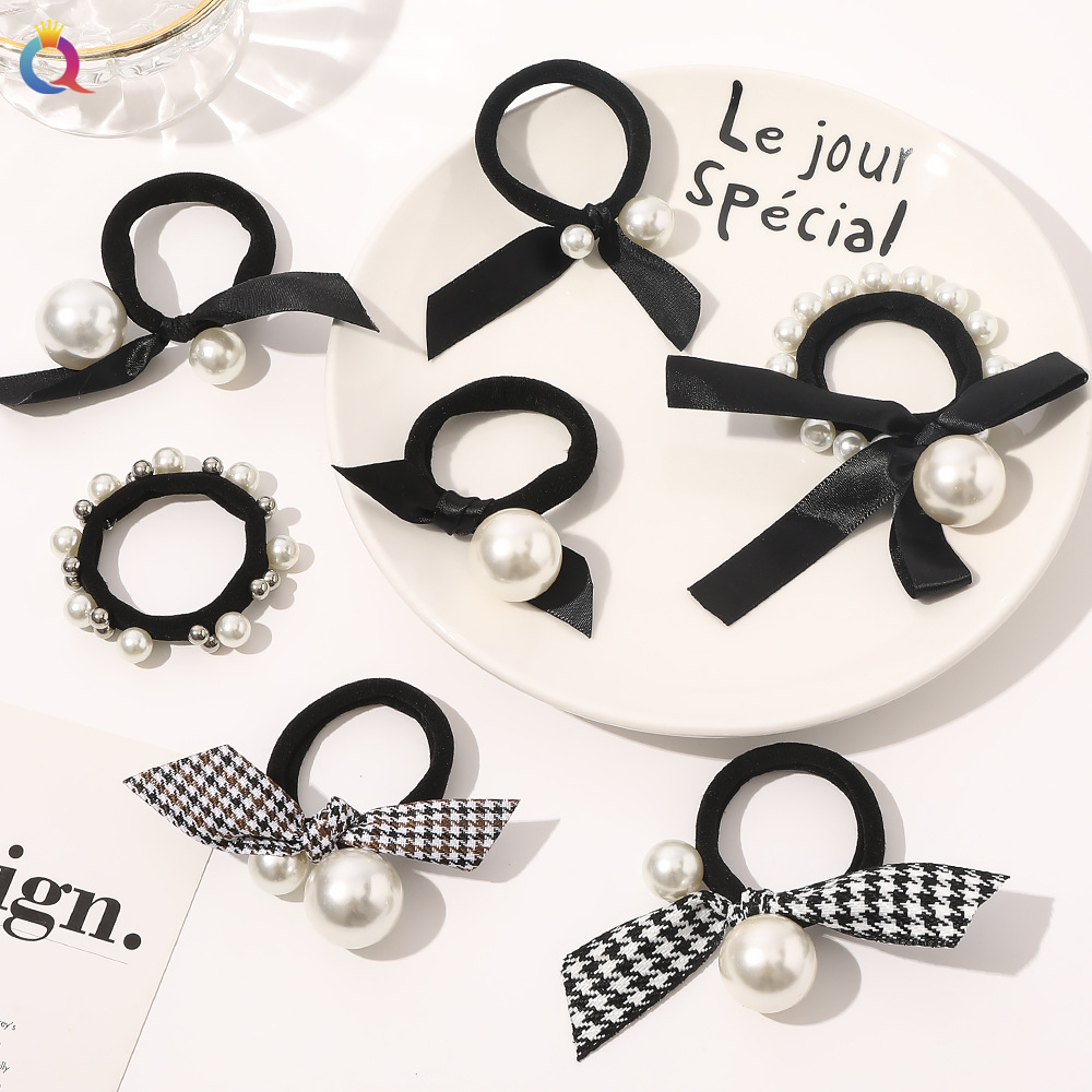 Qiyue Xiaoxiangfeng black bow hair band, thousand-bird check pearl hair tie, hair band, sweet internet-famous hair accessory for women wholesale full figure