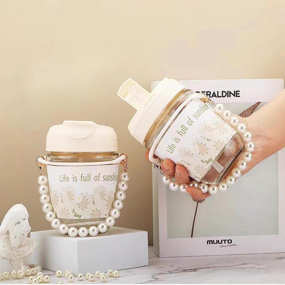 High appearance level InS-style pearl chain sunflower double drinking straw cup, pearl cup souvenir straw cup, one-piece consignment full figure