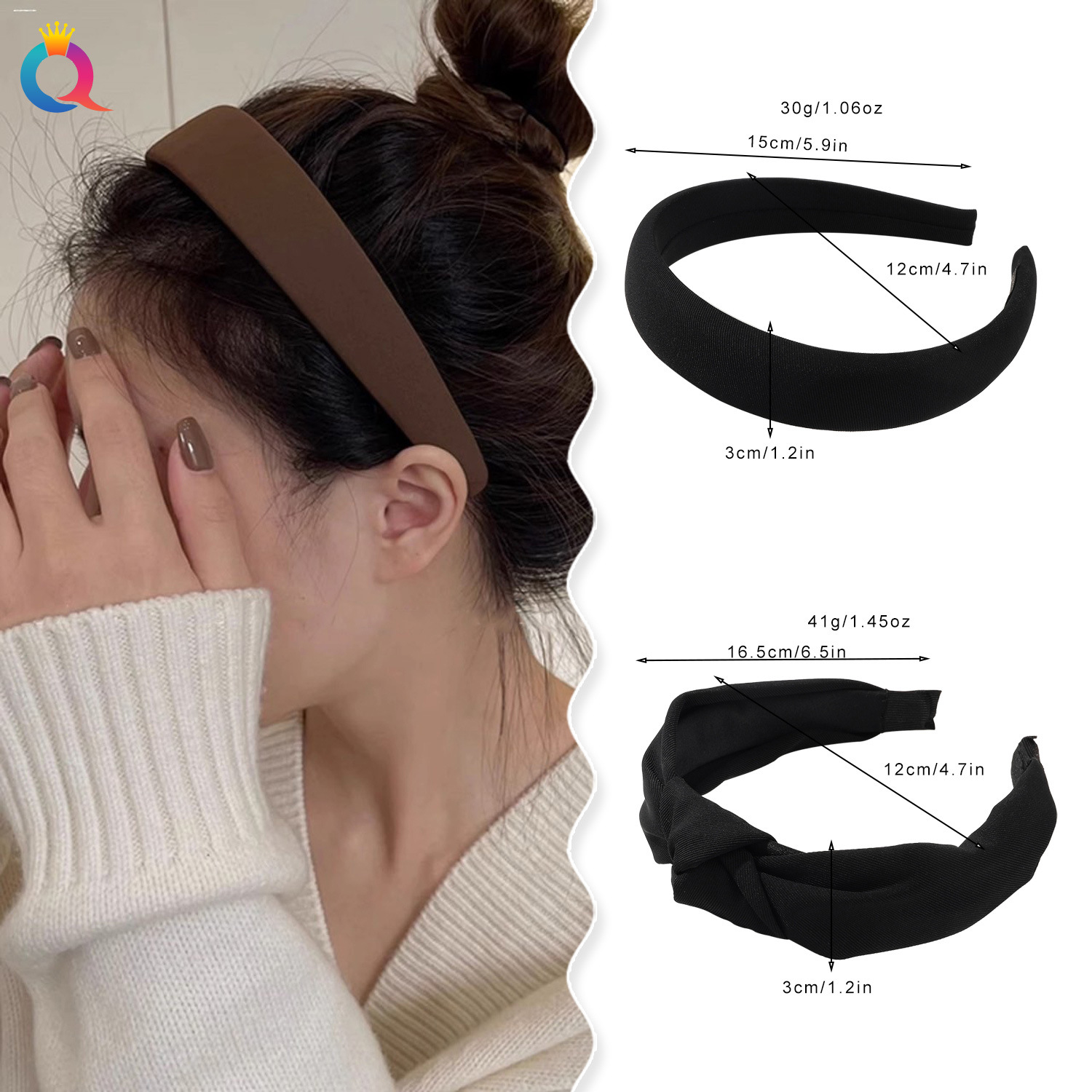 Wholesale of Qiyue Cross-border Twill Sponge solid color knotted hair band, High skull top simple headband, women's hair-pressing hole hair accessories details Picture