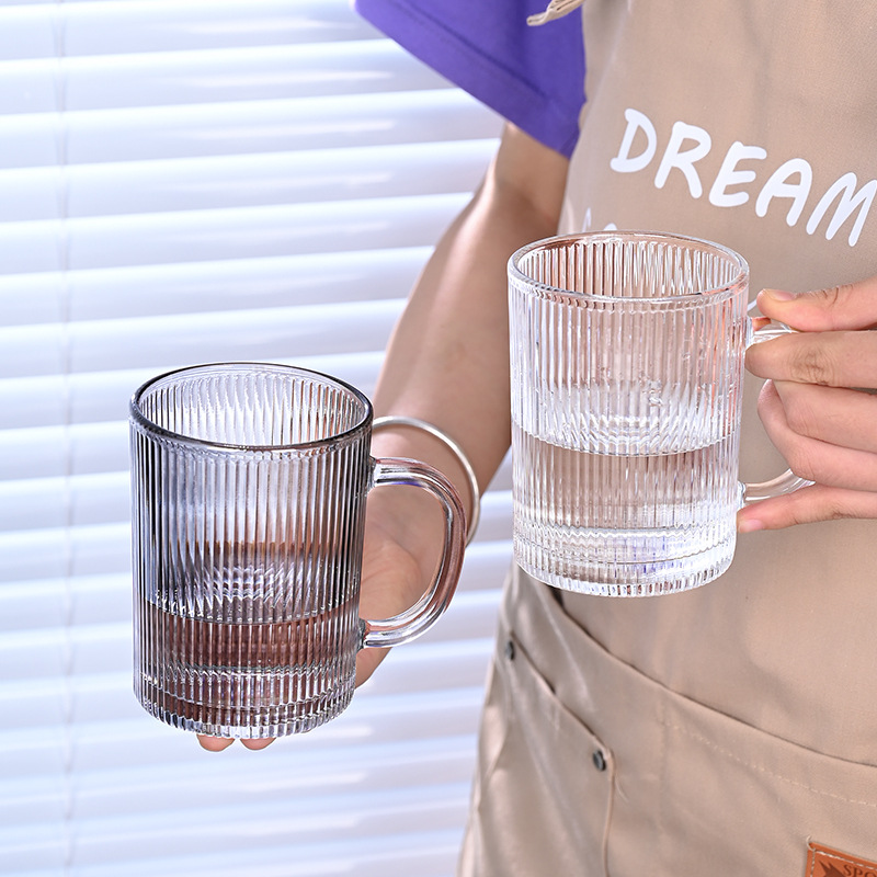 American striped glass handle cup set, drinking cup with handle, tea cup, living room home, vertical pattern cup, simple water bottle Application Scenario