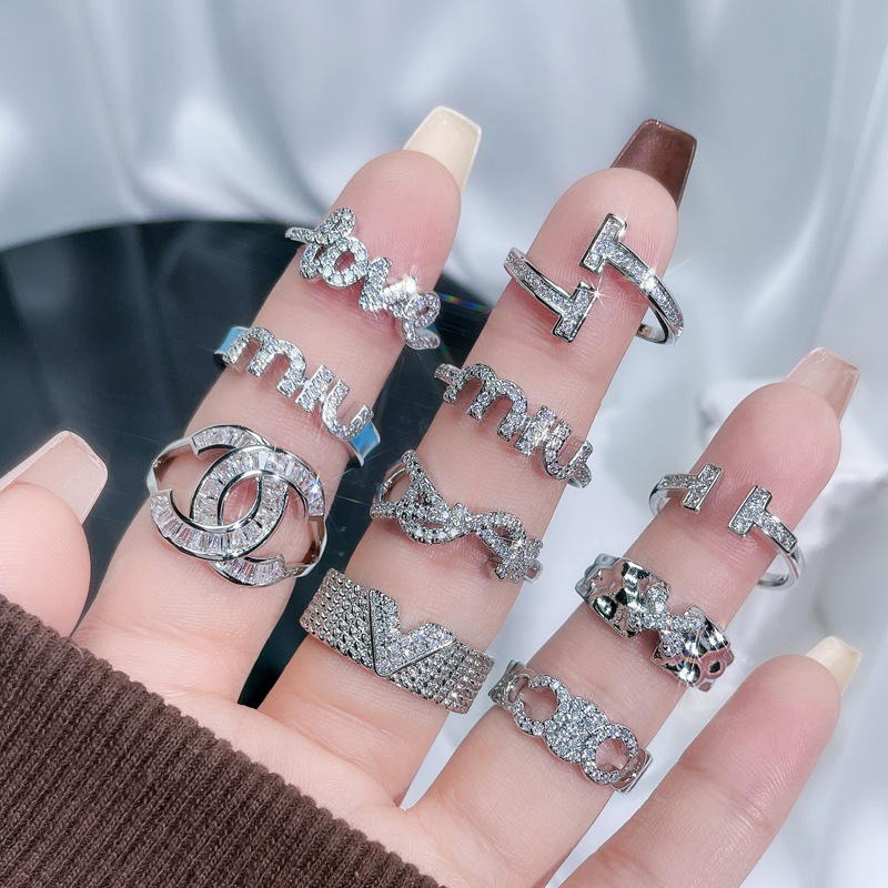Simple letter zircon light luxury high-end open ring for women's ins cold style versatile, fashionable and exquisite index finger ring full figure