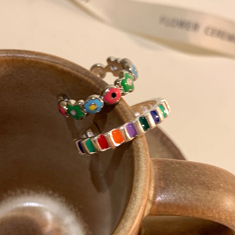 Colorful glazed small flower open ring for women's ins, a new, trendy and cool design with a unique and fashionable style full figure