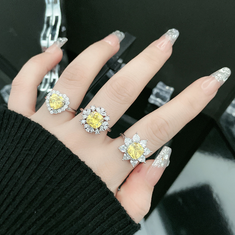 Cross-border colored gemstone, light luxury and high-end feel, yellow diamond zircon geometric adjustable ring, fashionable and cold style ring accessory trend details Picture