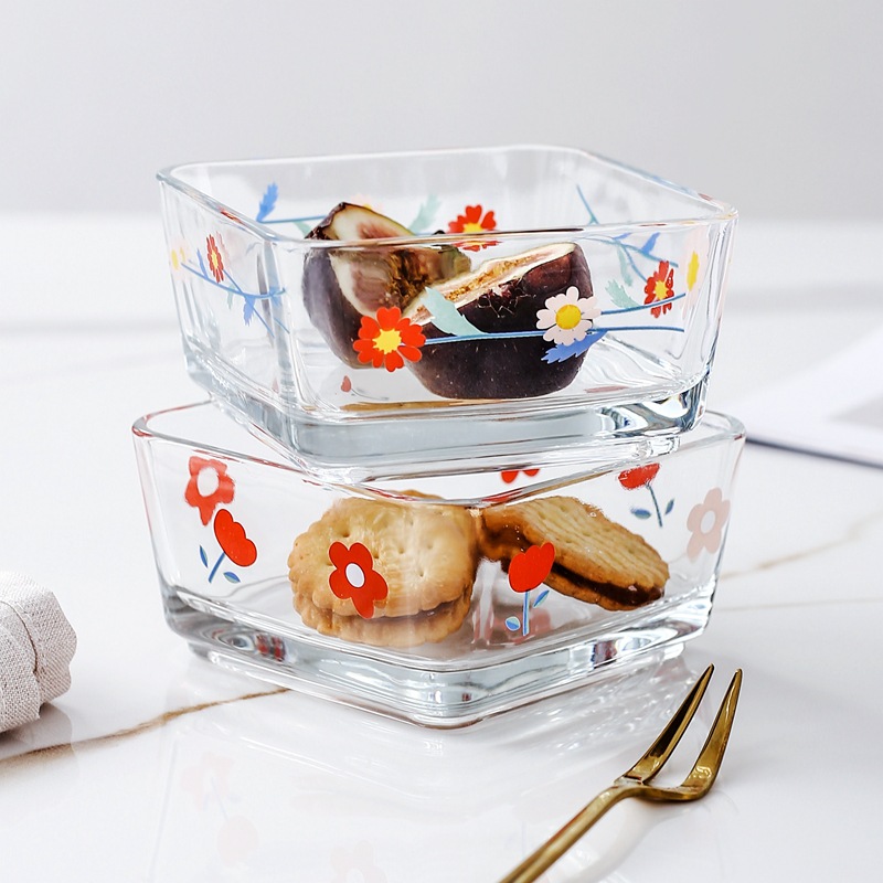 Korean inS-style Daisy flower glass bowl, square bowl, snack bowl, snack bowl, tulip flower salad bowl details Picture