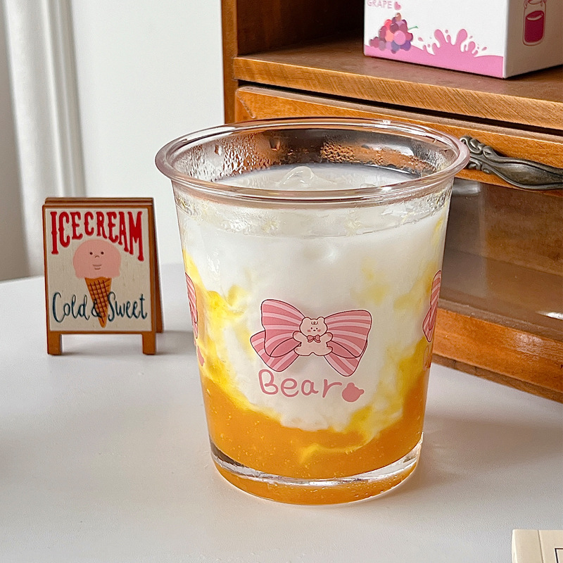 Bolimei Bow Bear Glass Cup, Milk Cup, Girlish Heart Water Cup, Large Capacity Drinking Cup details Picture