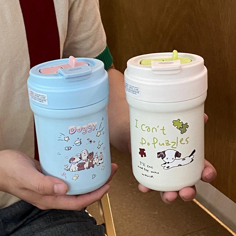 Cartoon 316 stainless steel insulated cup, cute puppy sealed straw cup, double-spout portable cup, tea and water separation full figure