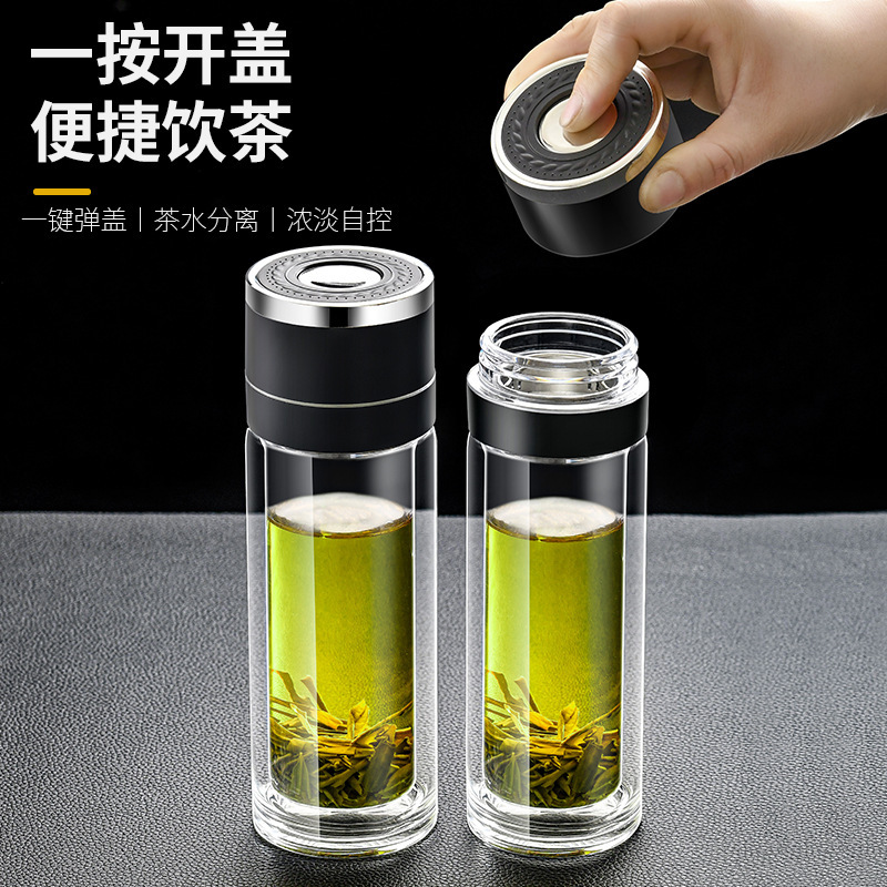 Wholesale internet-famous one-click quick-opening cup, men's car business cup, tea-water separation cup, double-layer anti-scalding tea cup full figure