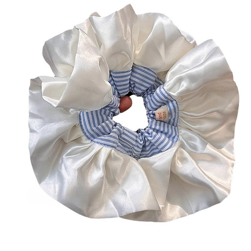 Ballet-style cream satin blue striped large intestine hair band, women's versatile hair tie, hair tie rubber band, super large headband Item Picture
