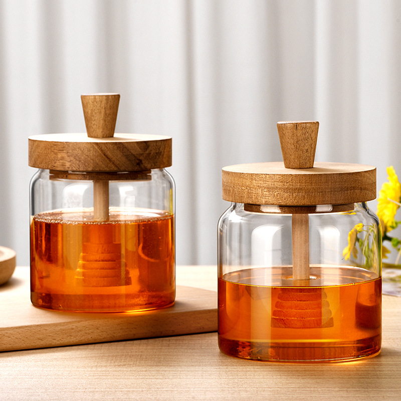 Honey storage bottle, high borosilicate glass sealed jar, wooden cap, stirring rod, transparent bottle, kitchen storage jar details Picture