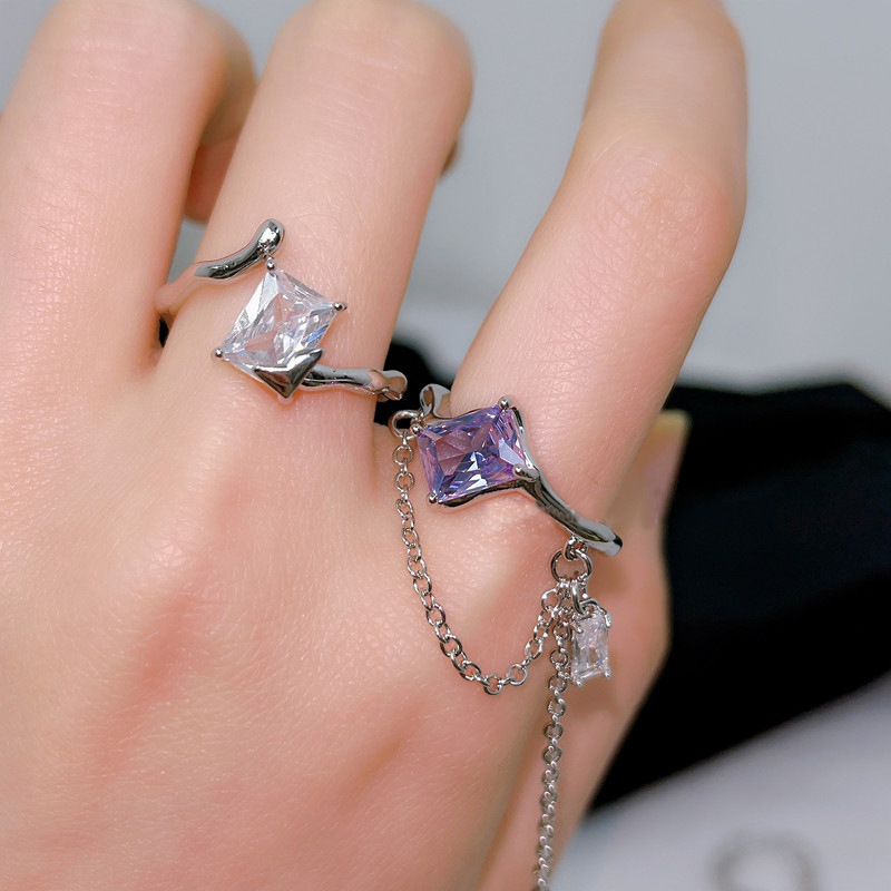 Korean light luxury high-end purple diamond chain tassel ring women's Instagram niche design sweet and cool open ring set Specification drawing