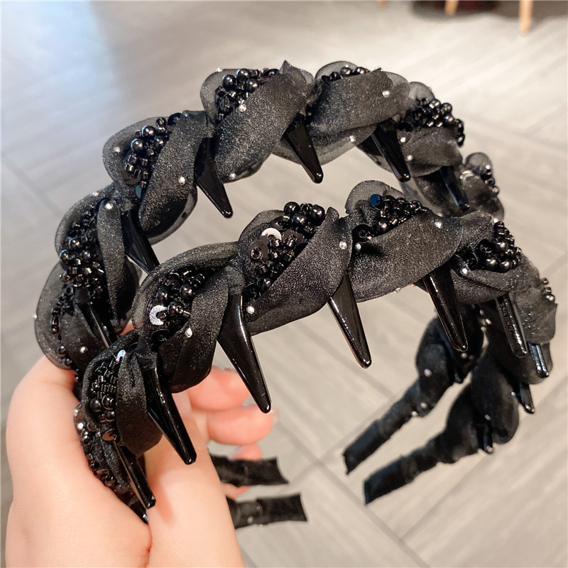Light luxury black beaded hairband for women, 2025 new style, high skull top with teeth, inverted comb hairband, face wash hairpin full figure