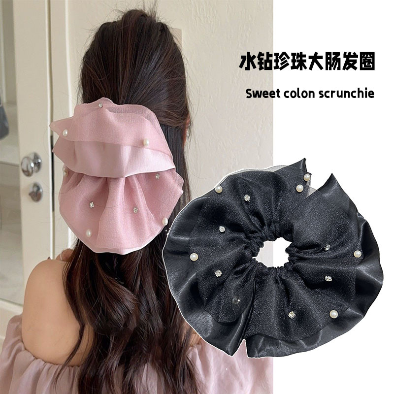 New double-layer mesh pearl large hair band for women, French high-end, light luxury and retro updo large colon hair band accessory full figure