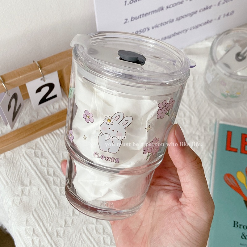 Bolimei Flower Rabbit Glass Straw Cup, Girlish Glass Water Cup, Milk Tea Cup, Student Covered Cup Specification drawing
