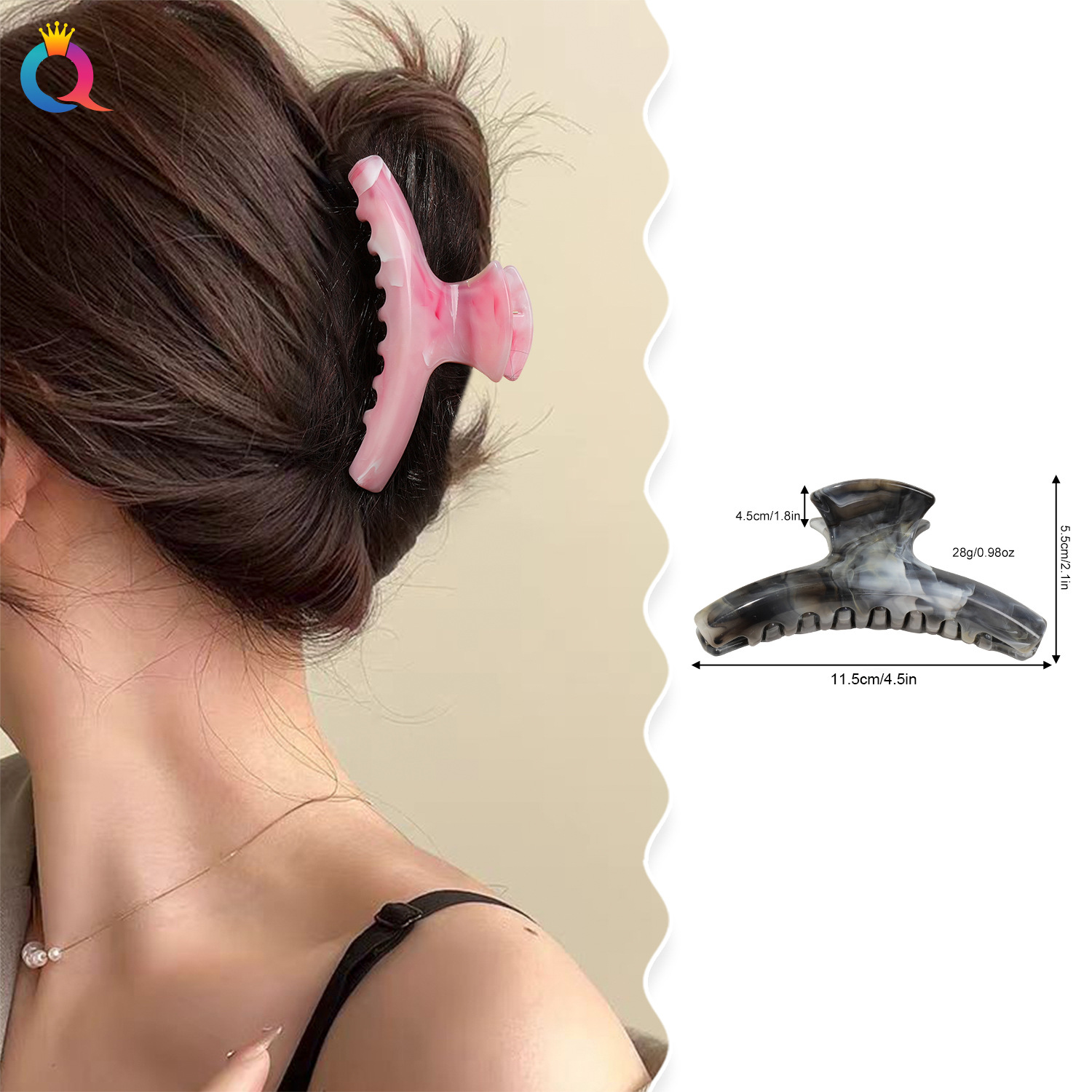 Qiyue Cross-border's new Korean-style curved hairpin, a high-end large-sized hairpin tray with a shark clip at the back of the head details Picture