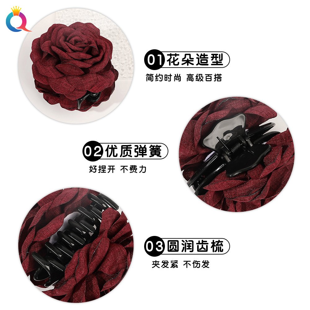 Wholesale of Qiyue Cross-border 3D rose flower clips, realistic flower hair clips, hairpins, large shark clips and hair accessories details Picture