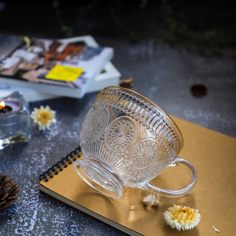 Sunflower retro relief glass breakfast cups, household large-capacity milk tea oat milk cups with handles wholesale Application Scenario