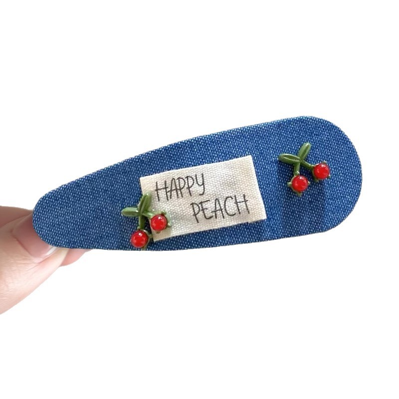 Deep blue denim fabric, red cherry rhinestone hair clips, new women's hair accessories, cute side clips, bangs clips, BB clips, duckbillon clips Item Picture