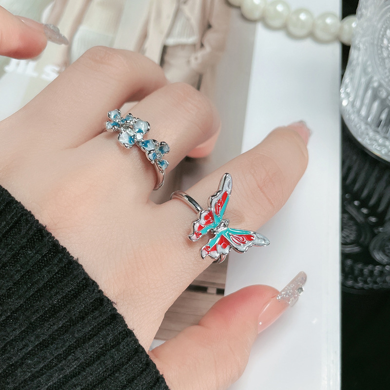 A niche design, super fairy enamel gradient flower versatile ring, a light luxury butterfly versatile, fashionable and high-end ring for women full figure