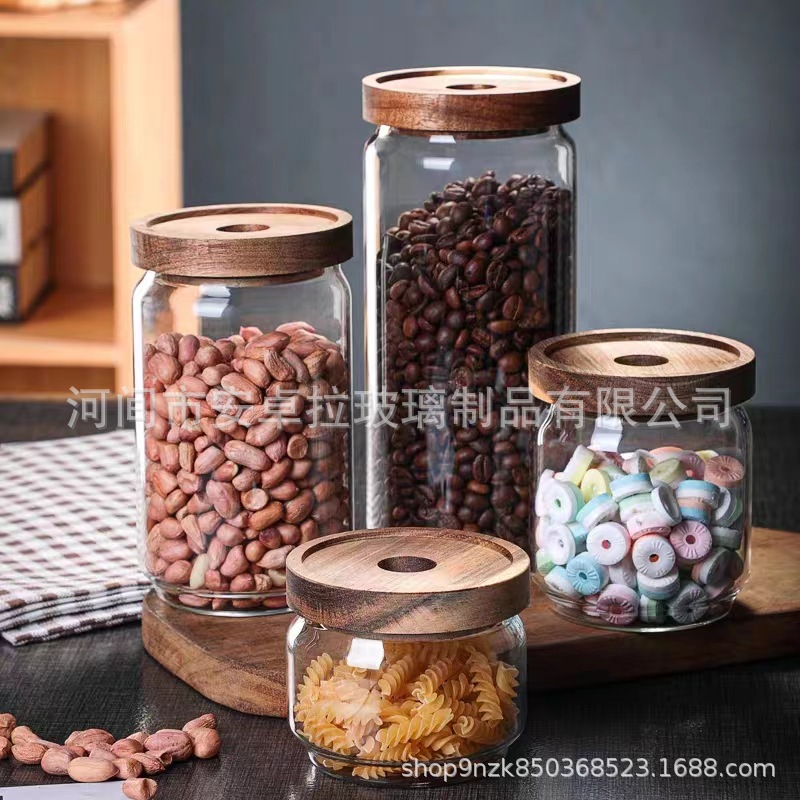 Customized acacia wood lid glass sealed jar, coffee bean storage jar, kitchen grain and seasoning storage jar full figure