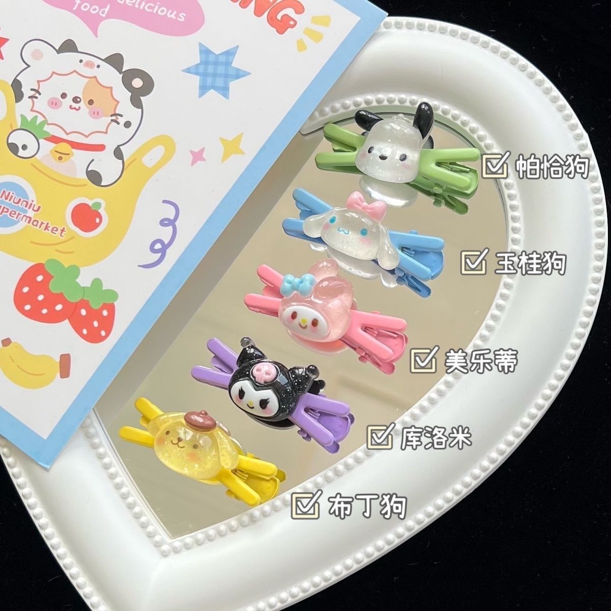 Sanrio cartoon children's hair clips, cute X-shaped student girl's broken hair clips, fringe seaside clips, handmade hair clips wholesale Specification drawing