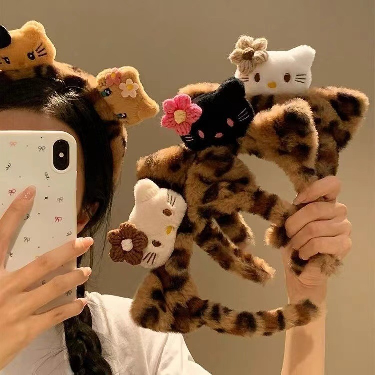 Cute cat sauce ~ Black Kitty cat ears, leopard print plush hair band, women's face wash makeup headband, cartoon hair accessory full figure