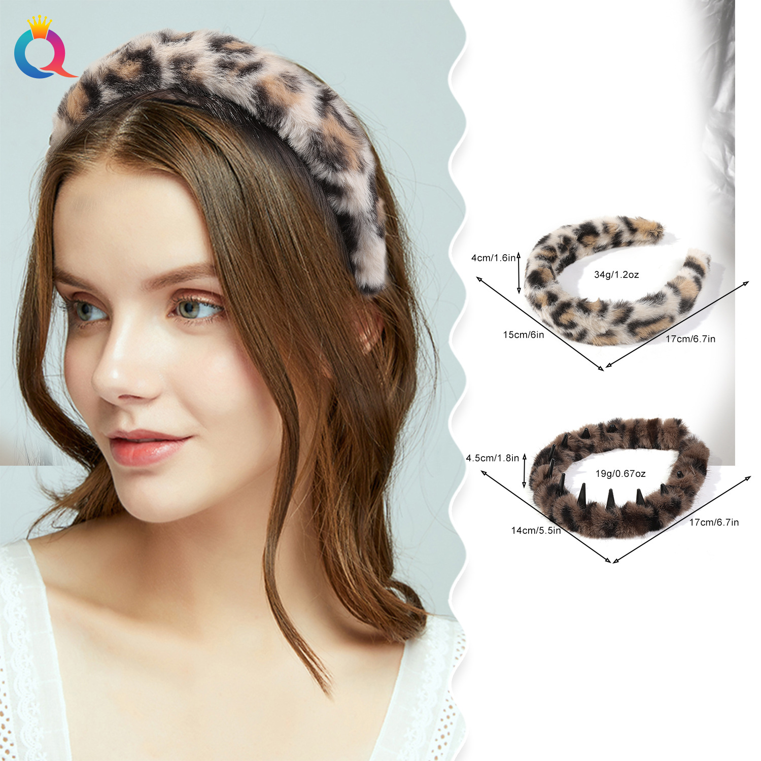 Qiyue Cross-border Plush toothed hair Band, retro leopard print hair lifting and face washing headband, women's high skull top hair hole hair accessory wholesale details Picture