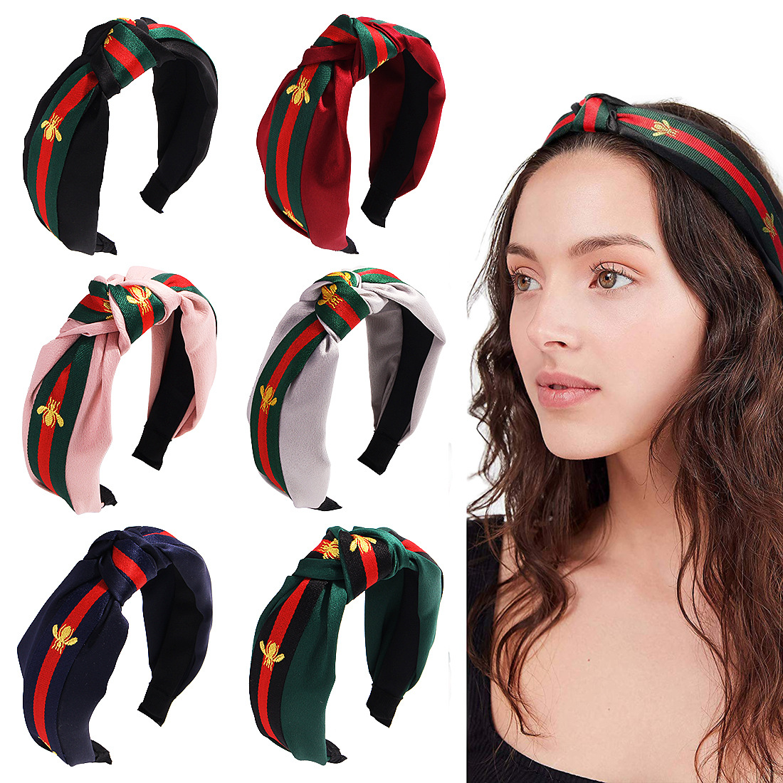 Qiyue Cross-border European and American polka dot Little Bee striped ribbon Hairpin Korean Version Wide edge knot headband Women's Hairband E4 details Picture
