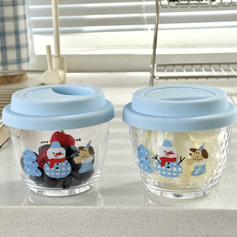 Korean inS-style blue snowman covered glass cup, coffee cup, cold brew cup, girlish water cup, cute cup full figure