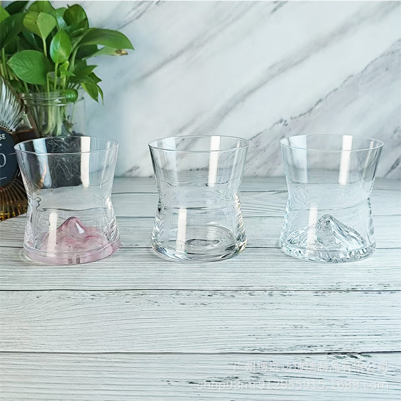 Cinched glass drink cups, beverage juice cups, soda sparkling water cups, latte coffee cups, cocktail wine glasses full figure