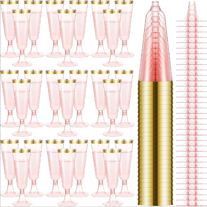 Factory stock: Pink gold-rimmed champagne glasses, highball glasses, red wine glasses, cocktail glasses, disposable plastic martini glasses full figure