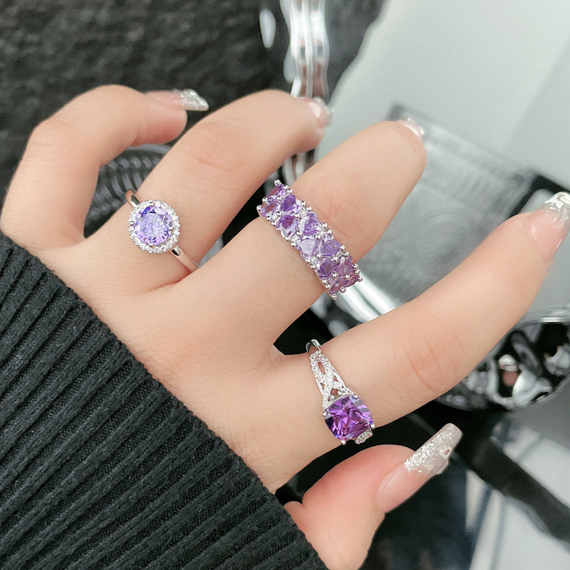 French light luxury sweet and cool purple diamond open ring for women on Instagram, cold style, high-end, exquisite and elegant, versatile ring trend full figure