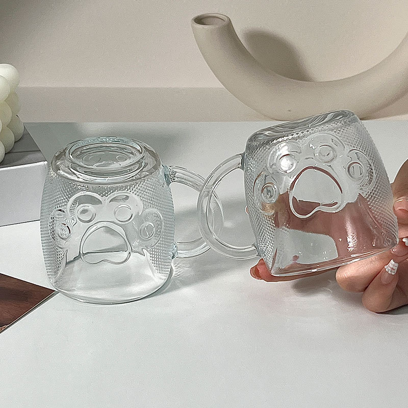 Creative cat paw glass cup, high appearance level drinking cup, light luxury high-end milk and juice cup, commercial coffee cup with handle Specification drawing